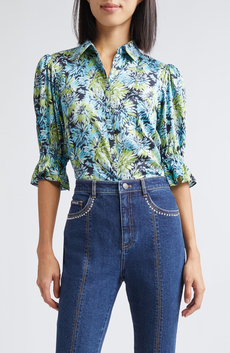 Cinq à Sept Fiona Dahlia Print Button-Up Shirt, Main, color, Tropical Sky Multi