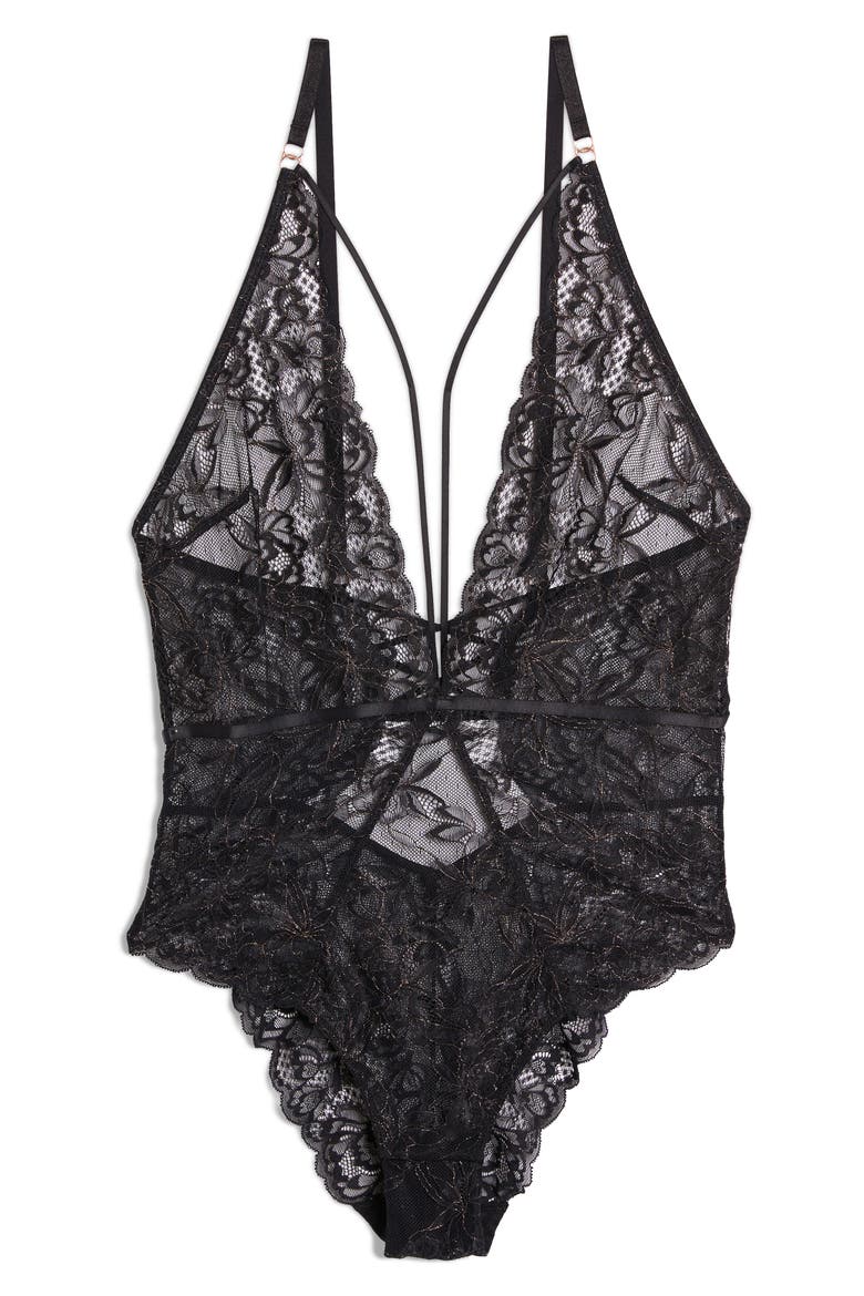 Envoutante Metallic Lace Teddy, Alternate, color, BLACK