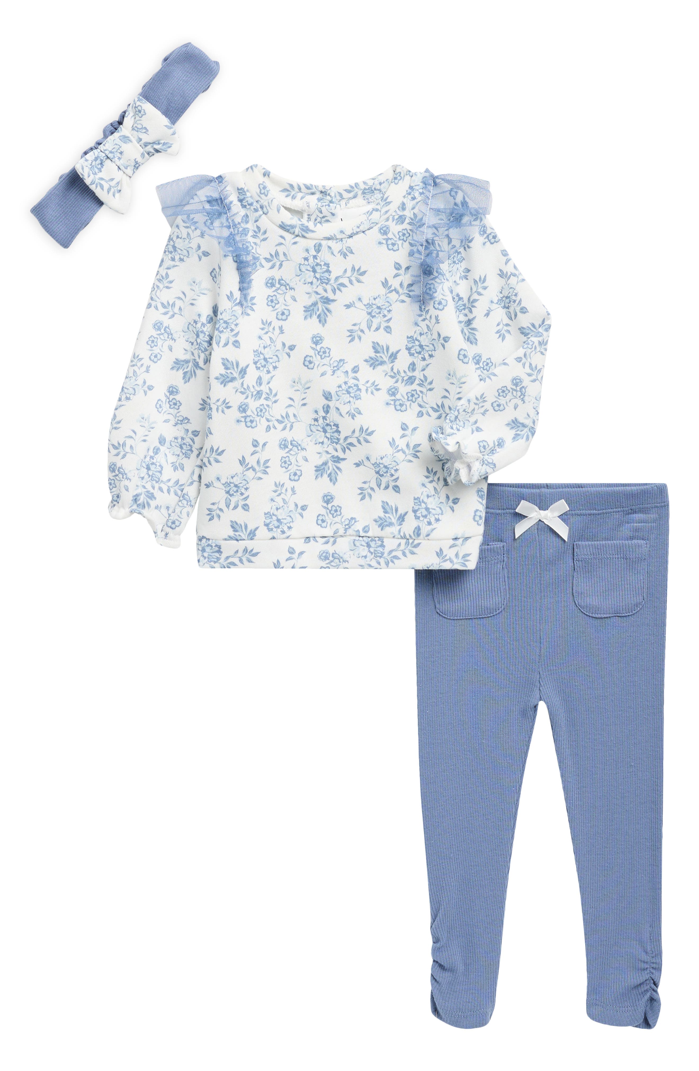 Nicole Miller Floral Fleece Top, Ribbed Pants & Headband Set