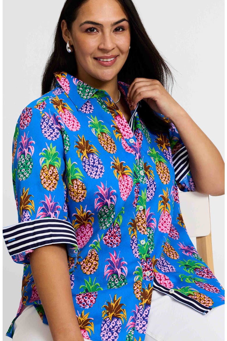 Zoey Pineapple Print Cotton Button-Up Shirt, Alternate, color, BLUE MULTI