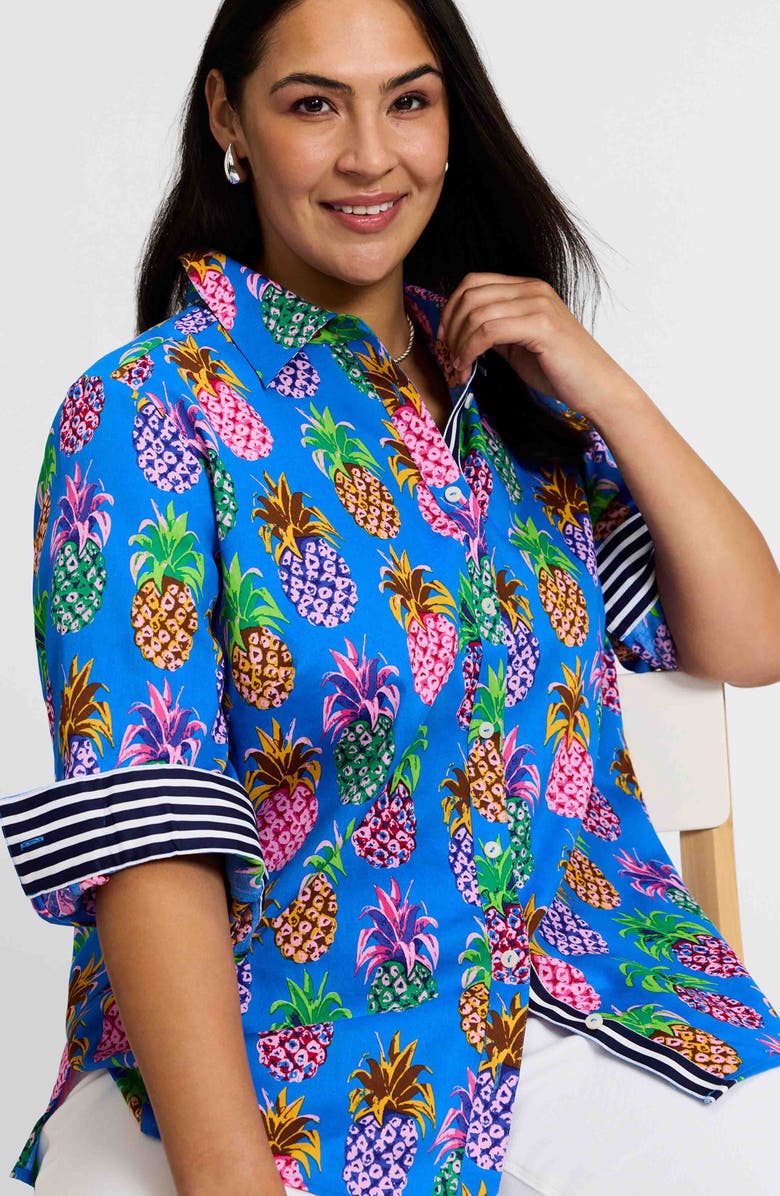 Foxcroft Zoey Pineapple Print Cotton Button-Up Shirt, Alternate, color, Blue Multi