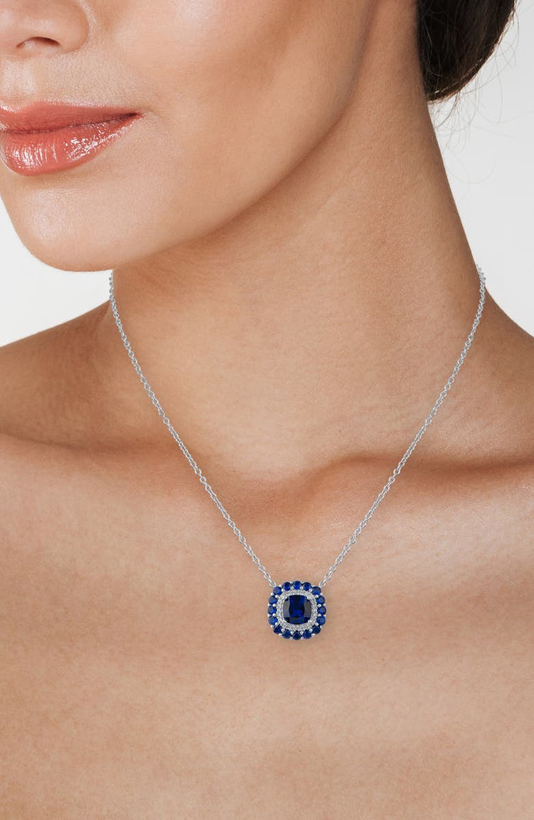 CZ by Kenneth Jay Lane Cubic Zirconia Double Halo Cushion Pendant Necklace, Alternate, color, Blue/ Silver