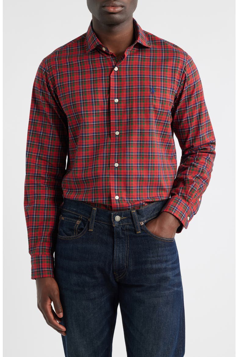 Classic Fit Plaid Cotton Twill Button-Up Shirt, Main, color, RED NAVY MULTI