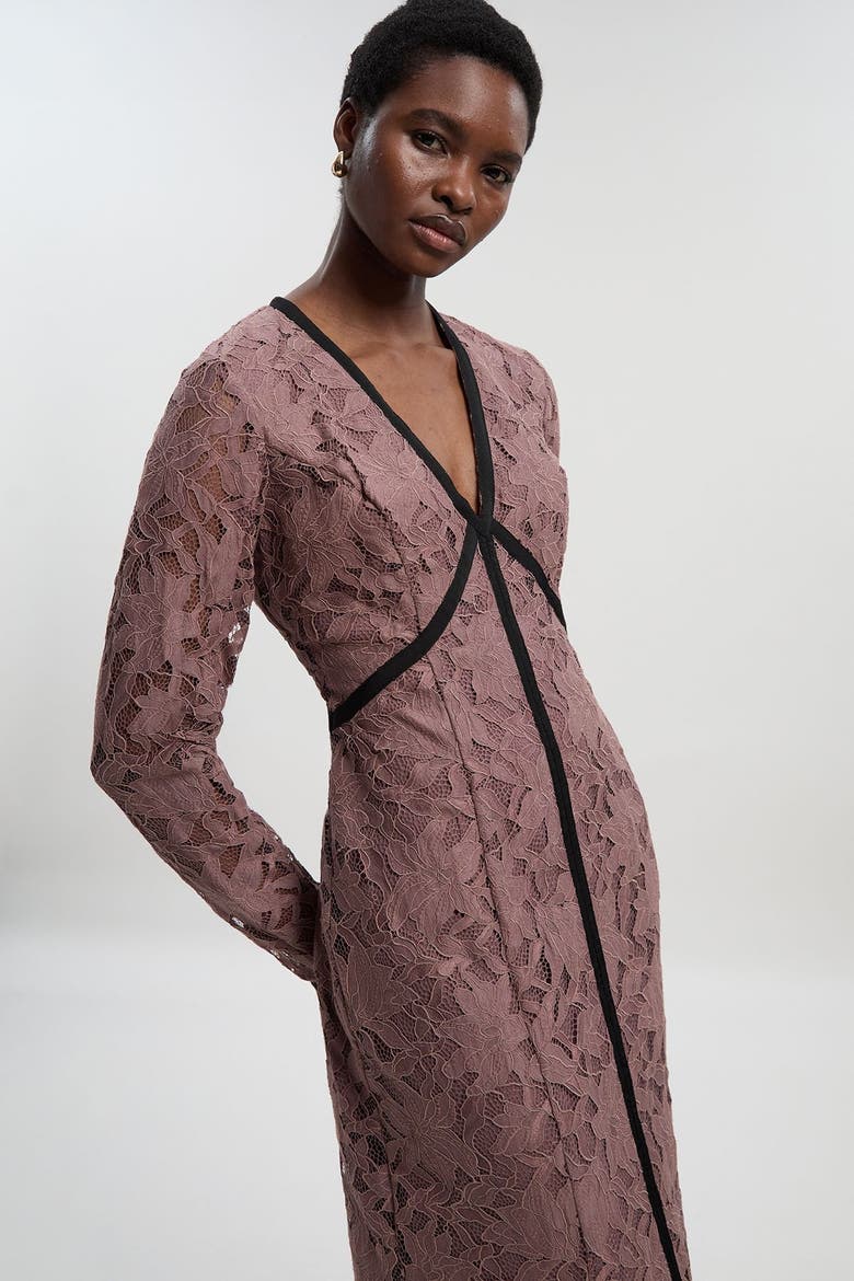 Petite V-Neck Lace Tape Maxi Dress, Alternate, color, Taupe