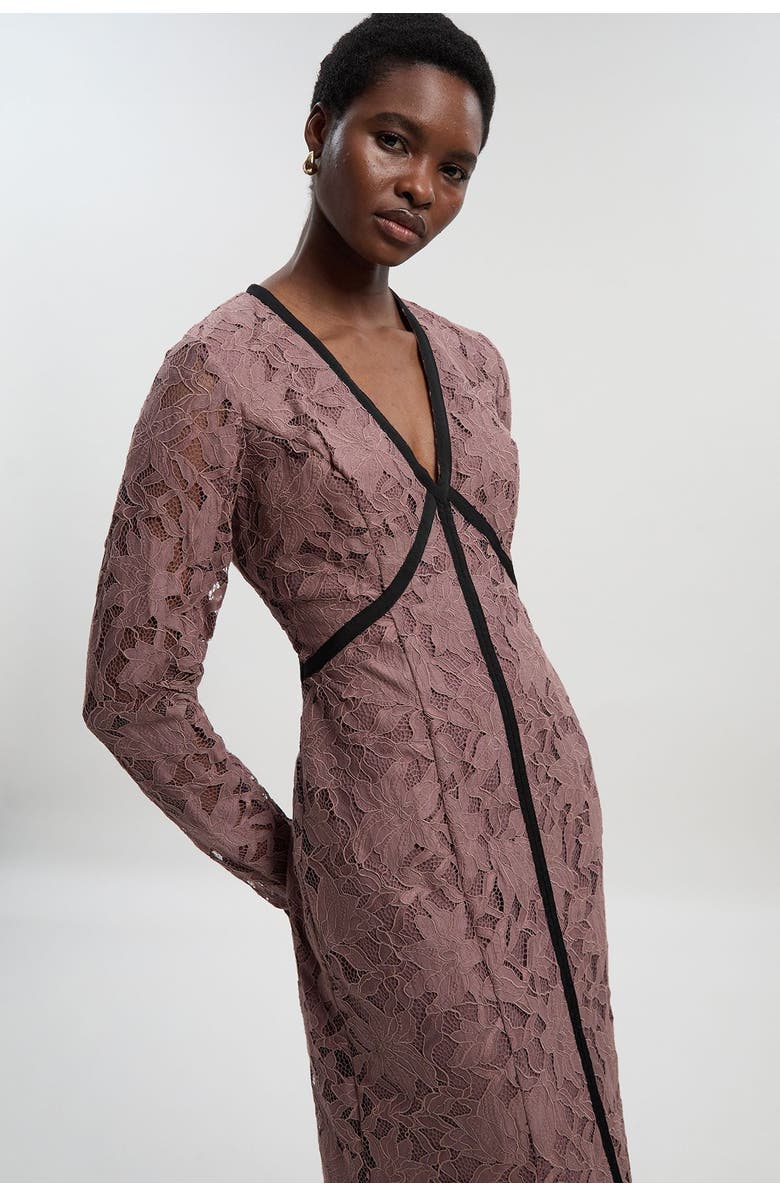 Karen Millen Petite V-Neck Lace Tape Maxi Dress, Alternate, color, Taupe