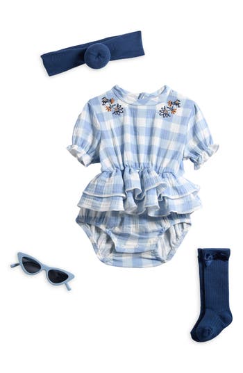 Rachel Zoe Gingham Gauze Bodysuit, Socks, Headband & Sunglasses Set In Blue