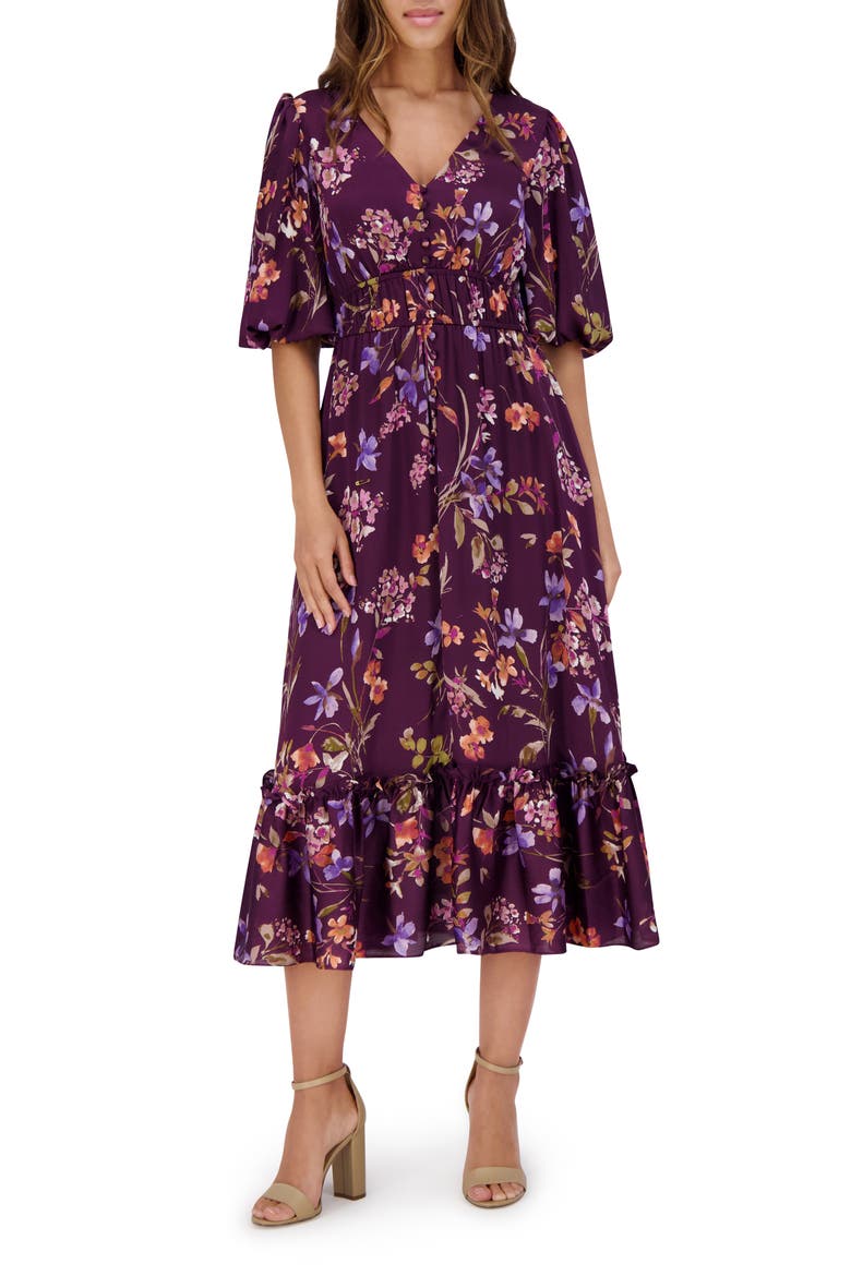 Floral Puff Sleeve Midi Dress, Main, color, BORDEAUX MULTI