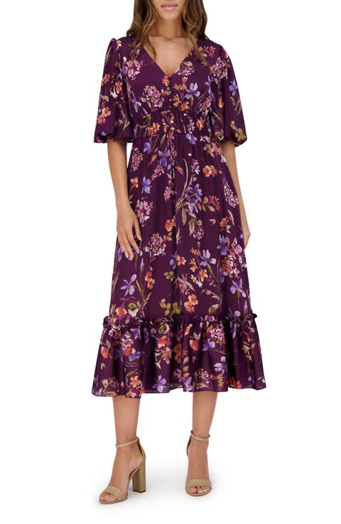 Floral Puff Sleeve Midi Dress