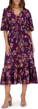 Kensie Floral Puff Sleeve Midi Dress