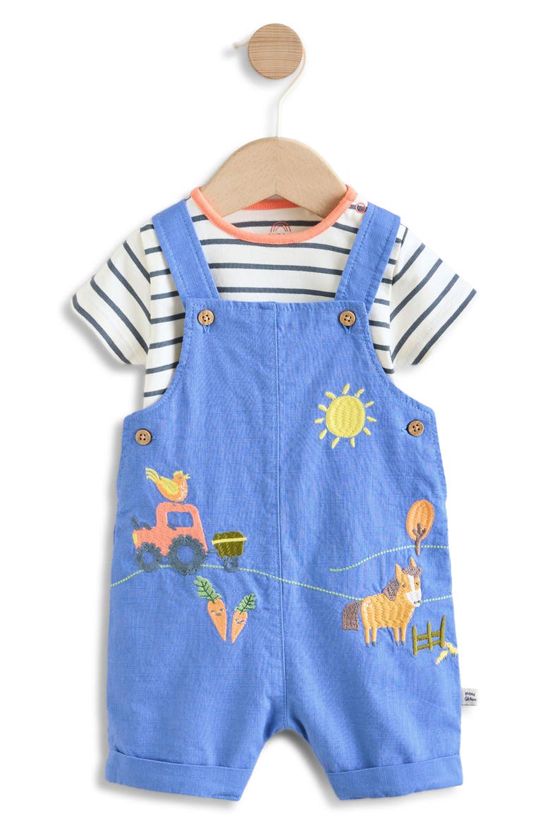 Farm Embroidered Romper & Stripe Bodysuit Set, Main, color, BLUE