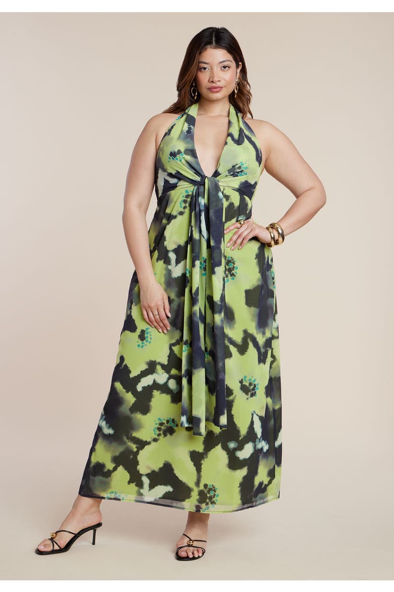 Tie Detail Halter Maxi Dress, Alternate, color, GREEN PETUNIA