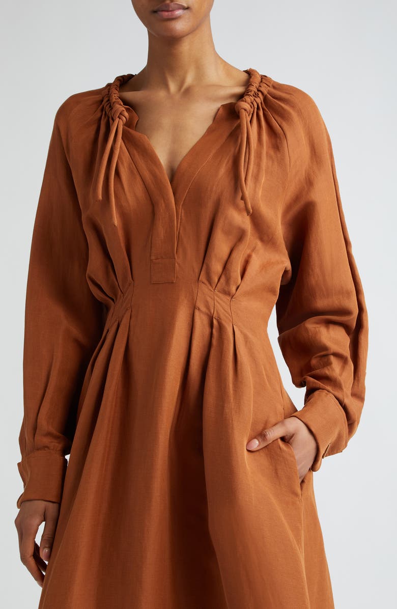 Max Mara Drina Pleated Waist Long Sleeve Linen & Silk Dress, Alternate, color, Tobacco