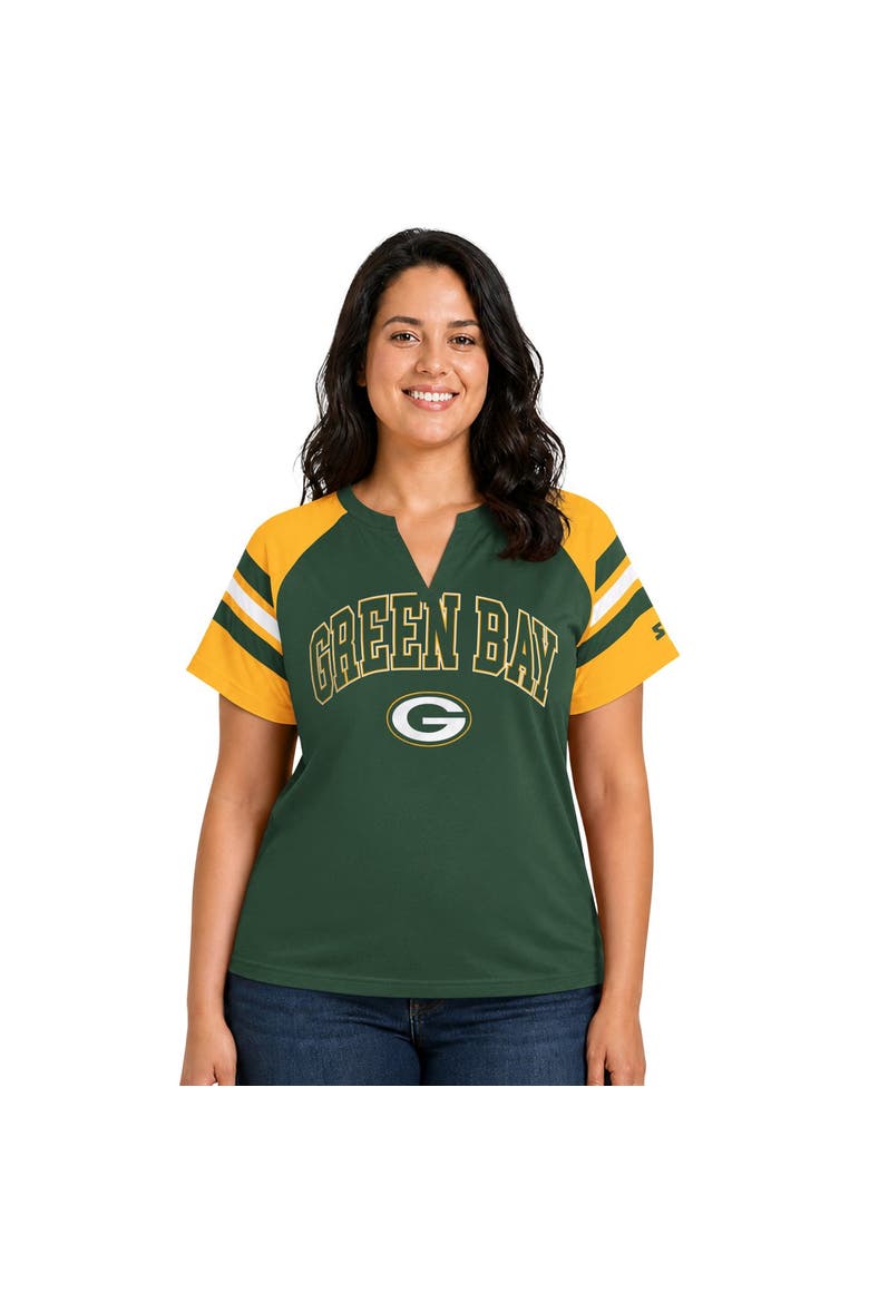 Women's Starter  Green Green Bay Packers Plus Size Game On Notch Neck Raglan T-Shirt, Main, color, Green
