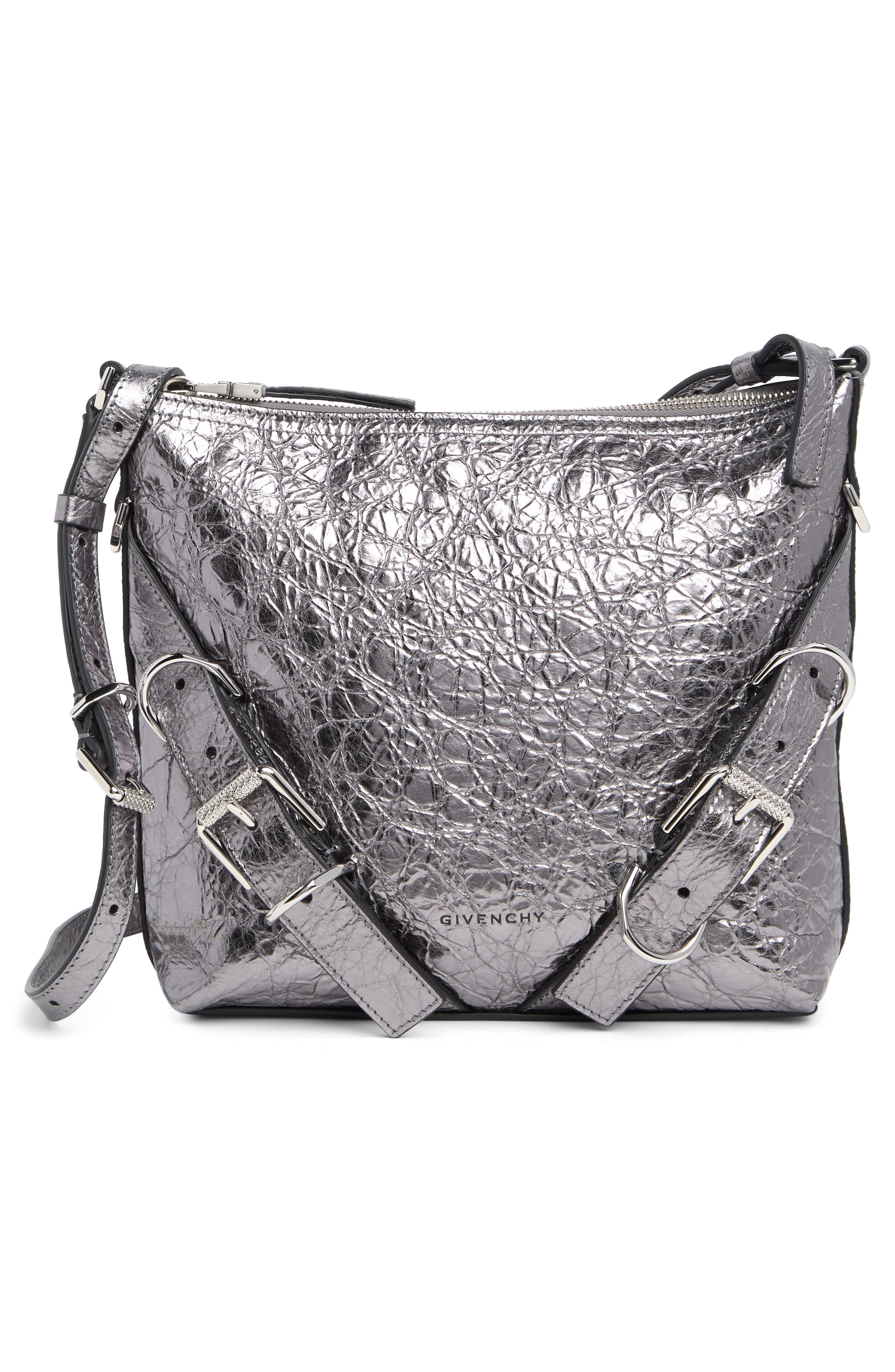 Small Voyou Crinkled Metallic Leather Shoulder Bag, Main, color, SILVERY GREY