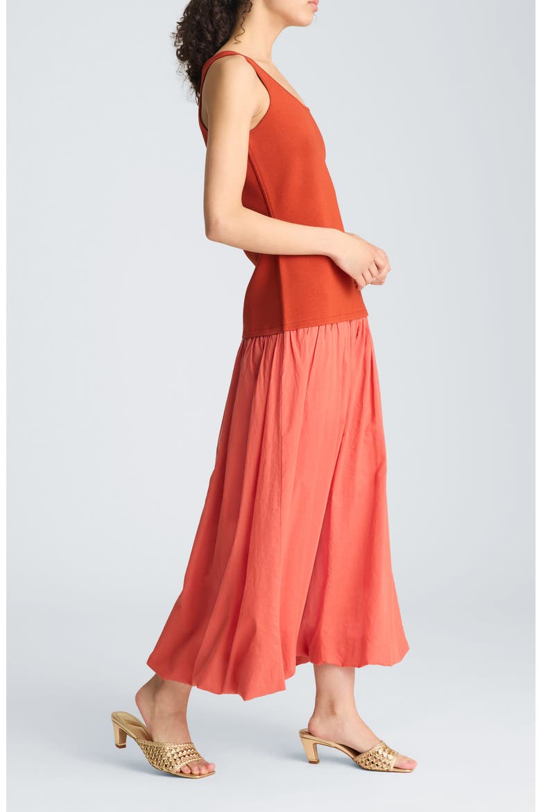 Mixed Media Sleeveless Bubble Hem Midi Dress, Alternate, color, TERRA