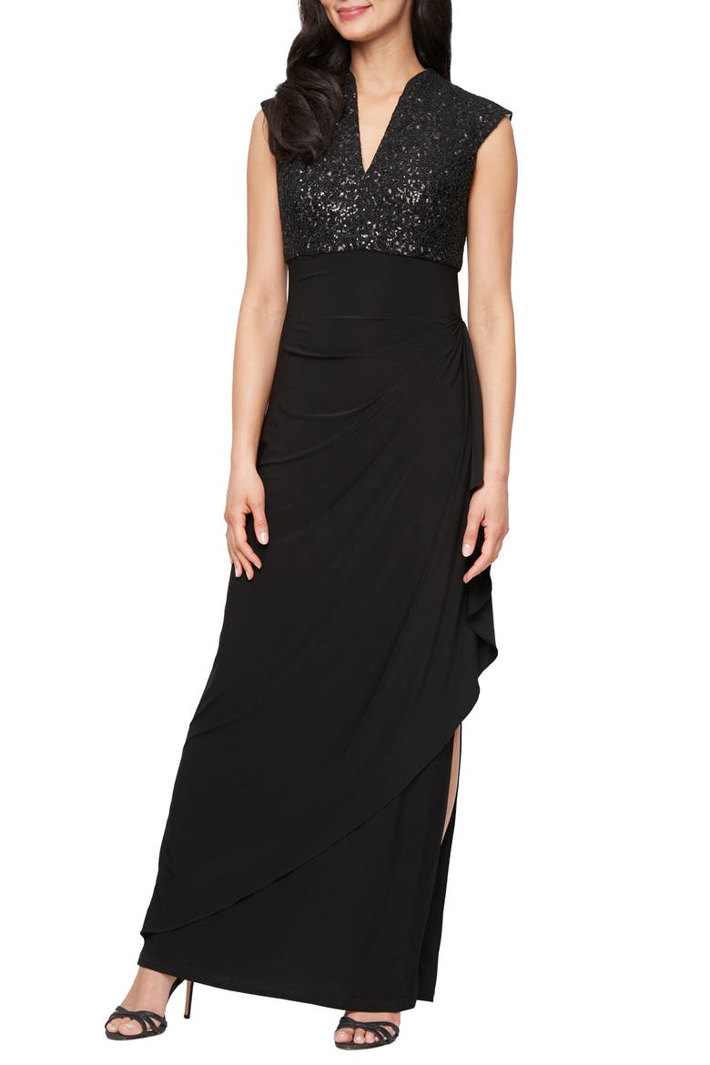 Sequin Corded Lace Bodice Empire Waist Gown, Main, color, BLACK/ BEIGE