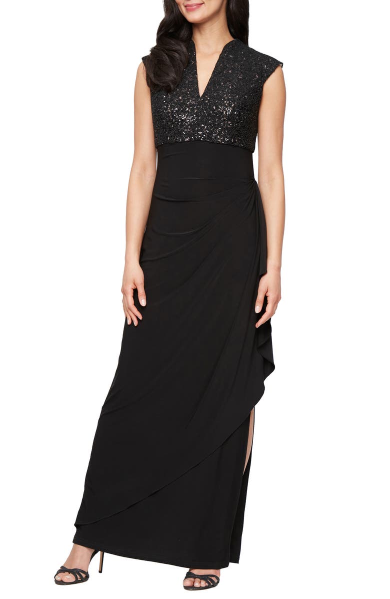 Alex Evenings Sequin Corded Lace Bodice Empire Waist Gown, Main, color, Black/ Beige