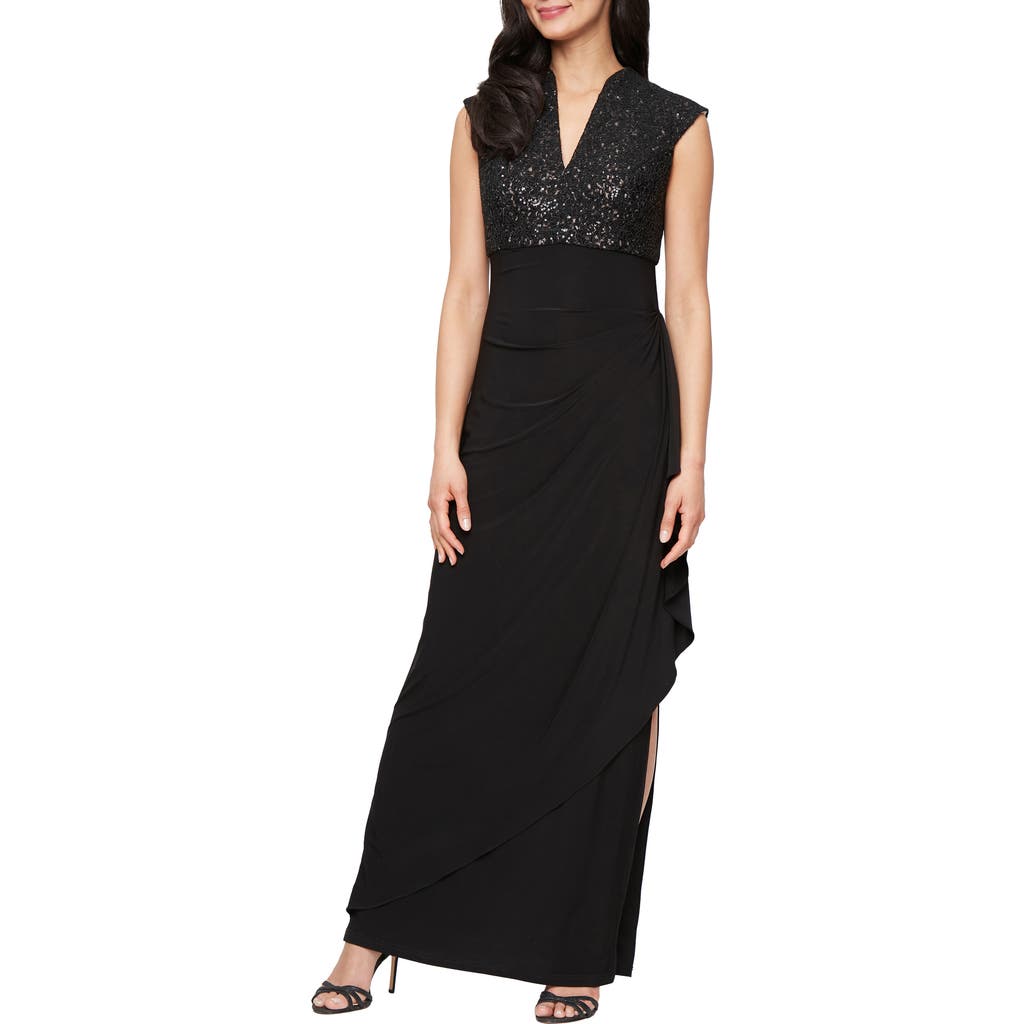 Alex Evenings Sequin Corded Lace Bodice Empire Waist Gown In Black