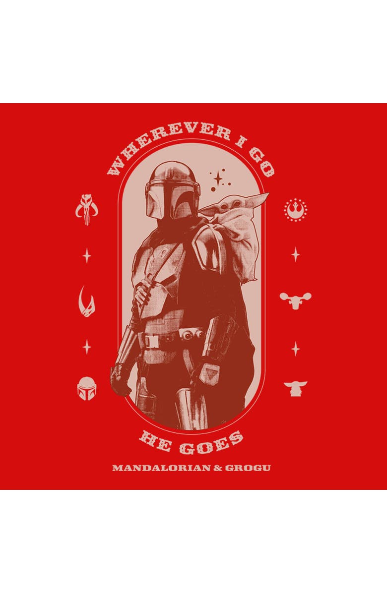Star Wars: The Mandalorian and Grogu Girl's Star Wars The Mandalorian and Grogu Wherever I Go He Goes Logo  Graphic T-Shirt, Alternate, color, Red