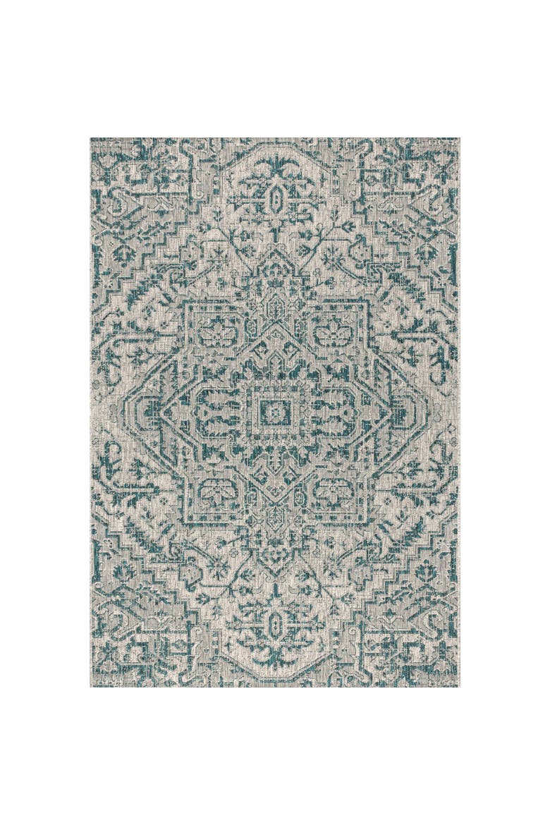 Estrella Bohemian Medallion Textured Weave Indoor/Outdoor Area Rug, Main, color, Teal/Gray