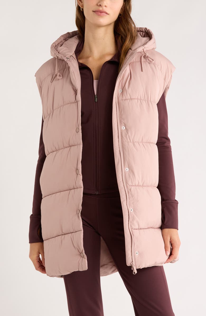 Zella Longline Hooded Puffer Vest, Main, color, Pink Fawn