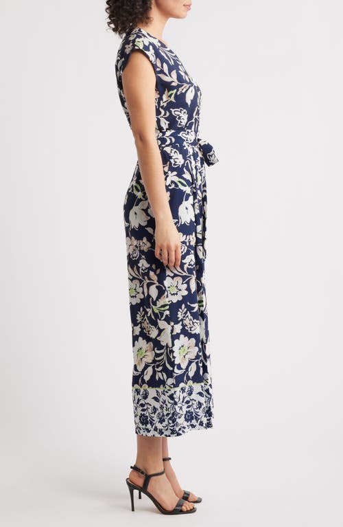 Tahari Asl Mixed Floral Print Crêpe De Chine Jumpsuit In Navy Ivory