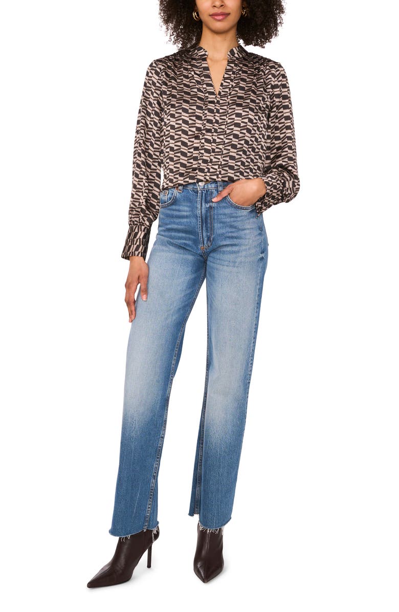 Vince Camuto Geo Print Long Sleeve Top, Alternate, color, Chocolate