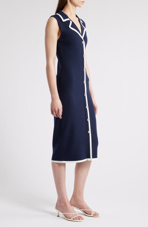 Zoe And Claire Contrast Front Button Midi Sweater Dress In Navy