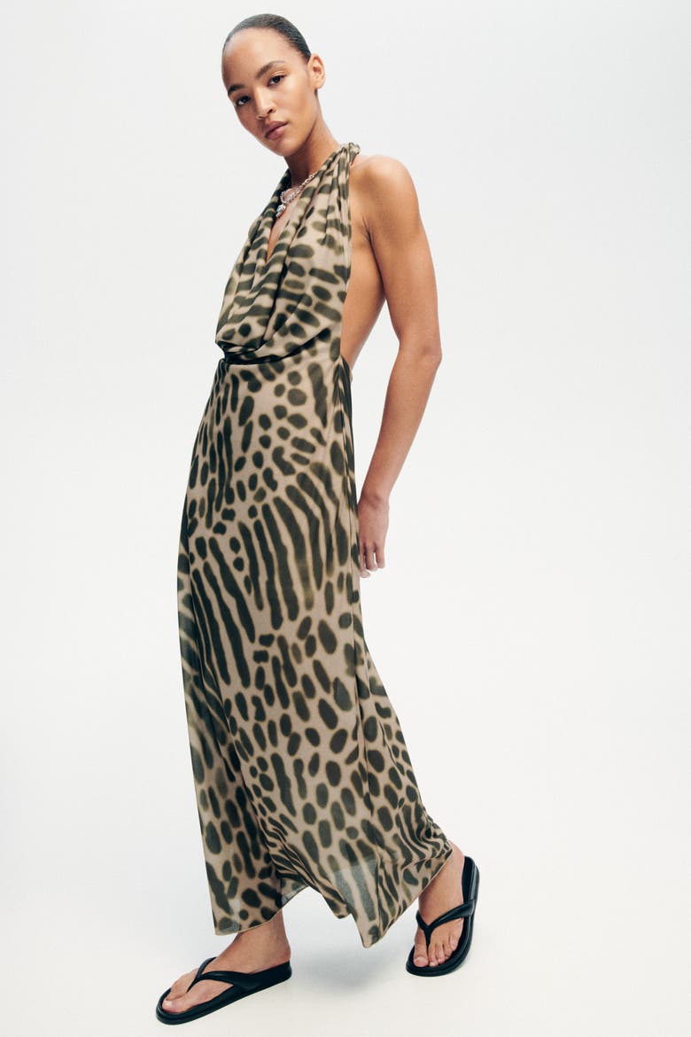 Cowl-neck Maxi Dress, Main, color, Dark khaki green/animal print