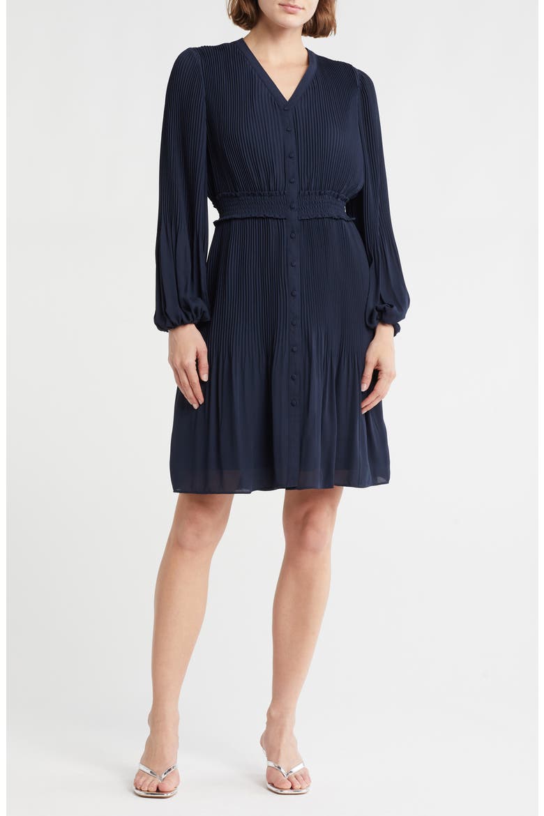 Pleated Long Sleeve Fit & Flare Dress, Main, color, NANETTE NAVY