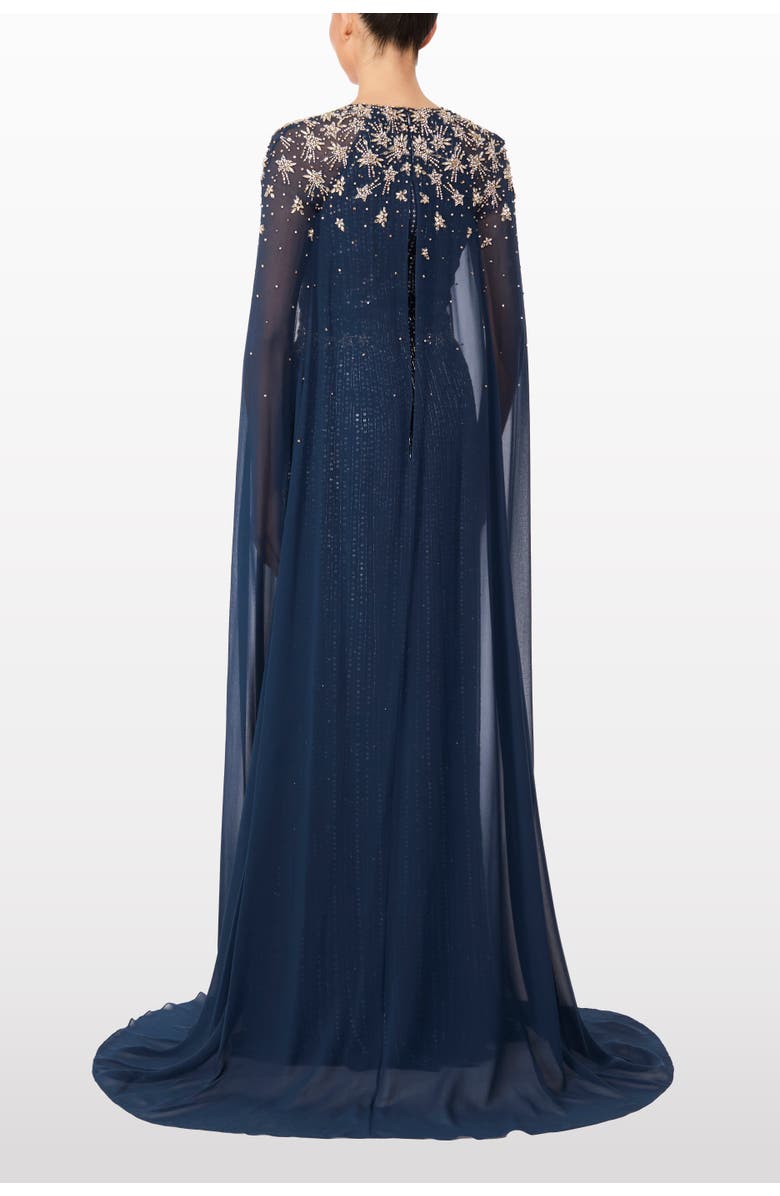 Jenny Packham Moonlight star-embellished cape-design maxi dress, Alternate, color, Blackthorne Blue