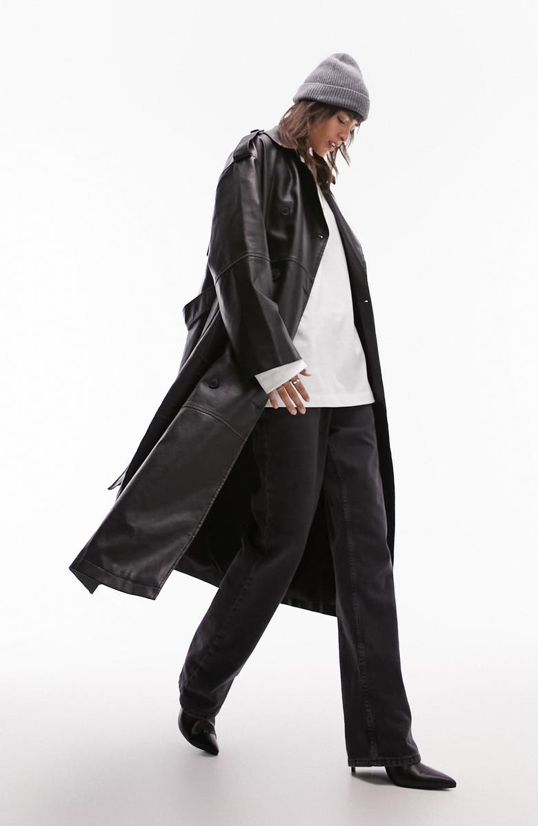 Topshop Faux Leather Trench Coat, Alternate, color, 