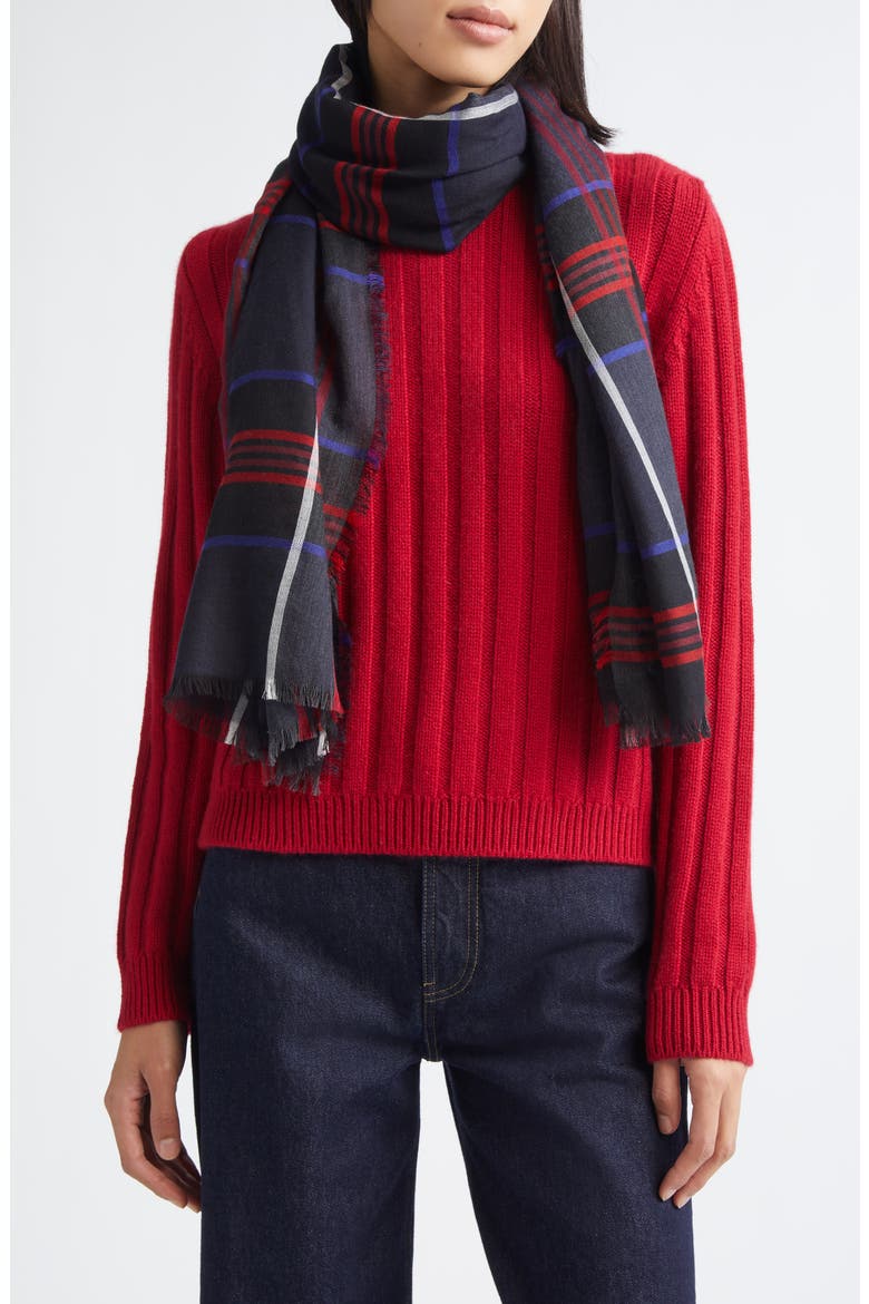 Orton Plaid Cashmere Fringe Scarf, Main, color, RU7703 NAVY