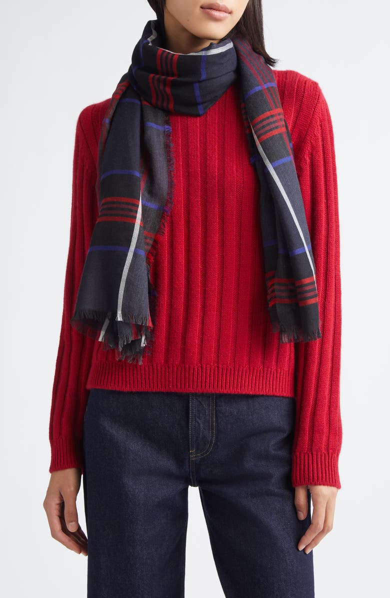 Johnstons of Elgin Orton Plaid Cashmere Fringe Scarf, Main, color, Ru7703 Navy