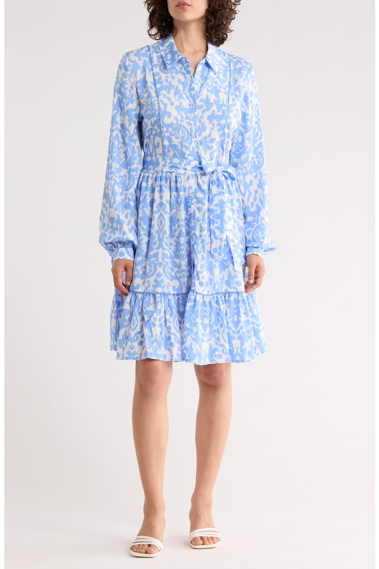 Long Sleeve Tie Waist Shirtdress, Main, color, FRENCH BLUE DAMASK