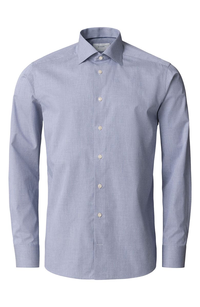 Eton Trim Fit Blue Mélange Cotton Dress Shirt, Alternate, color, Dark Blue