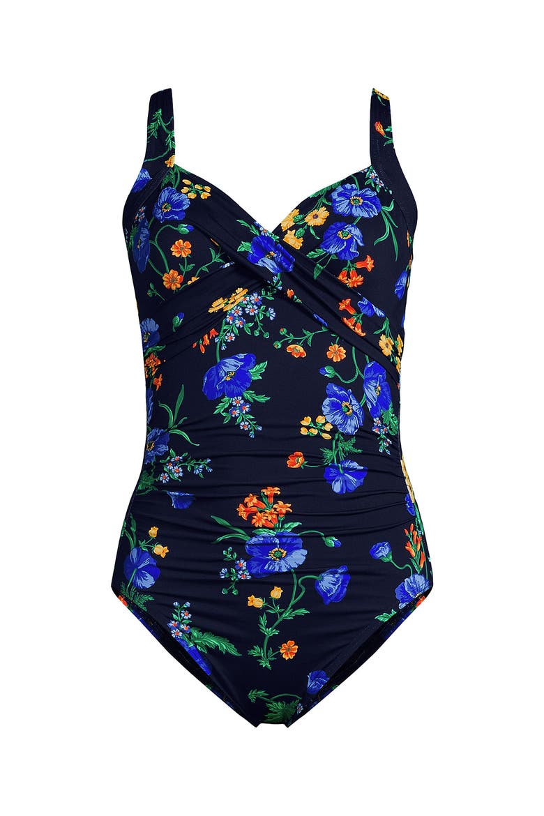 Plus Size Sweetheart Underwire Wrap One Piece Swimsuit, Alternate, color, Navy/Tossed Poppy Floral
