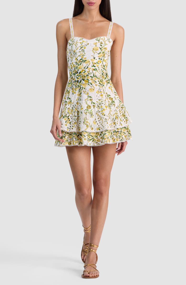 Alice + Olivia Meredith Floral Tiered Cotton Eyelet Minidress, Main, color, Fresh Air Butter