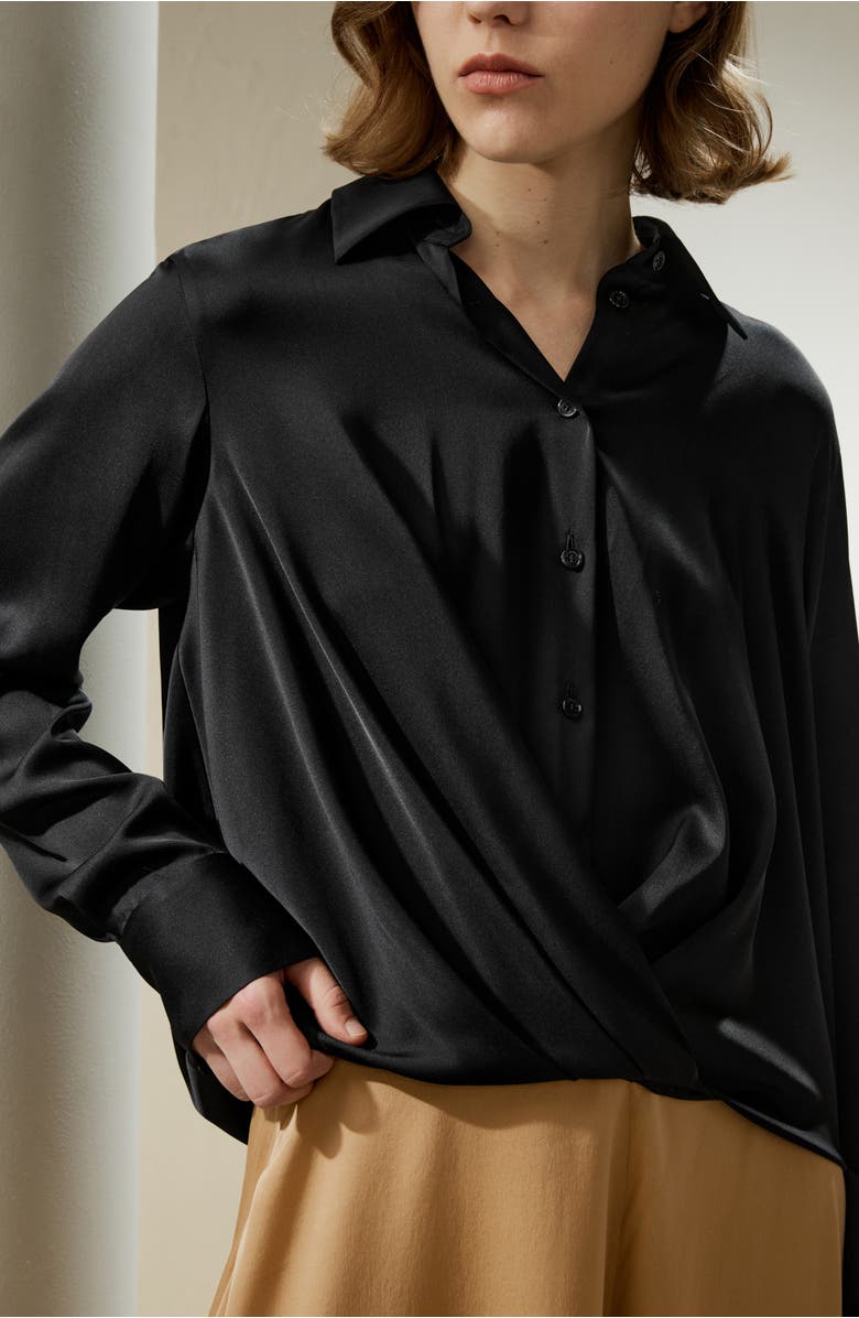 Lilysilk Hem Pleated Silk Blouse, Alternate, color, Black