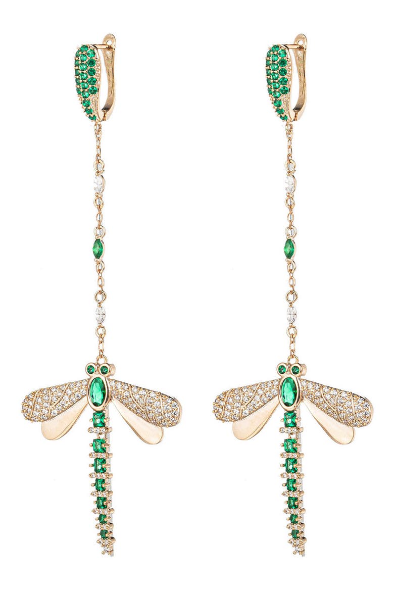 Green Dragonfly CZ Dangle Earrings, Main, color, GOLD