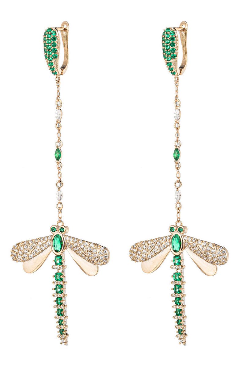 EYE CANDY LOS ANGELES Green Dragonfly CZ Dangle Earrings, Main, color, Gold