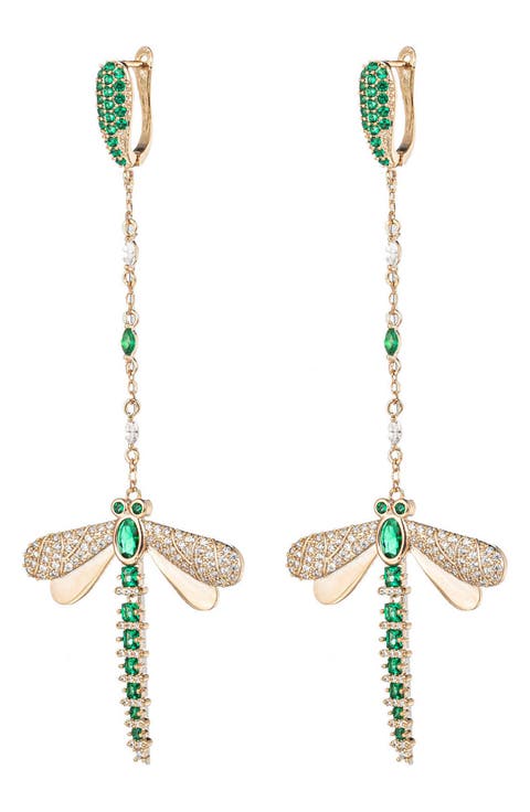 Green Dragonfly CZ Dangle Earrings