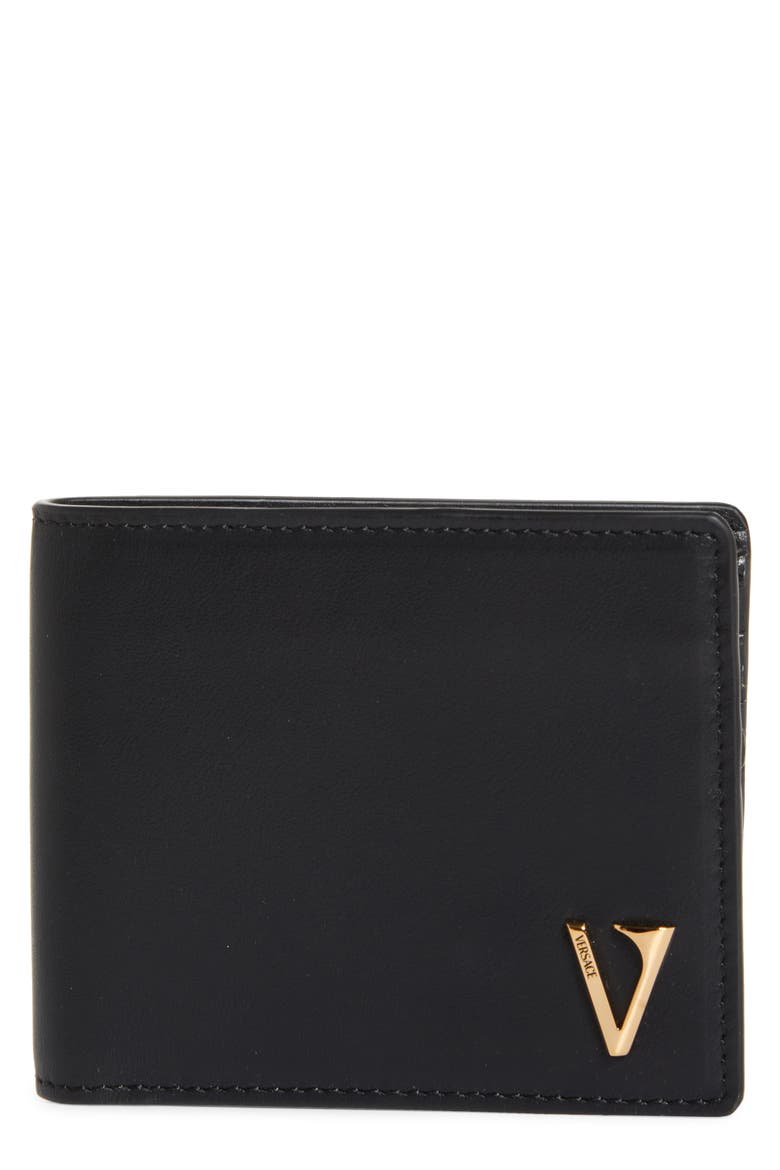 V-Emblem Leather Bifold Wallet, Main, color, BLACK-VERSACE GOLD
