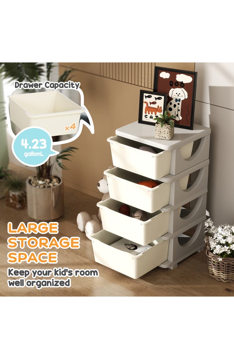 Qaba 4-Tier Kids Storage Unit with Drawers​, Alternate, color, Cream White