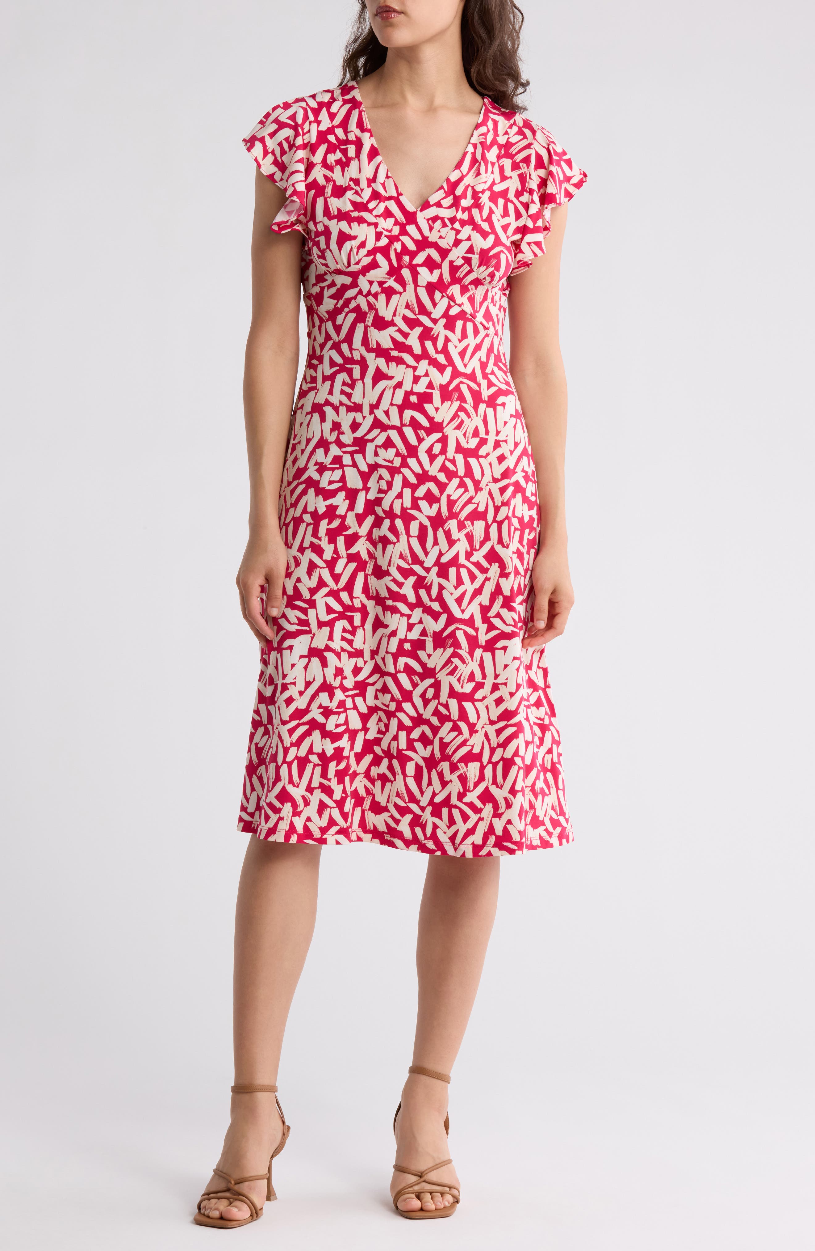 London Times Wrap Style Flutter Sleeve Dress
