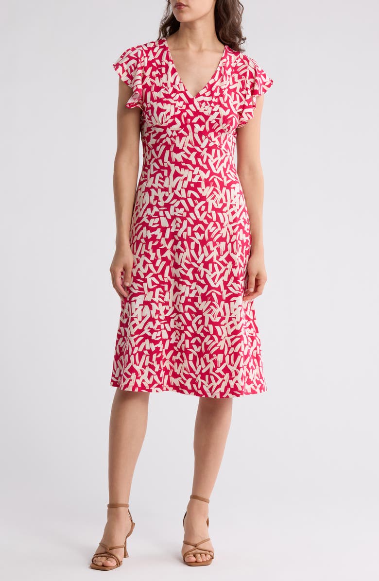 London Times Wrap Style Flutter Sleeve Dress, Main, color, Rose Red/ Cream