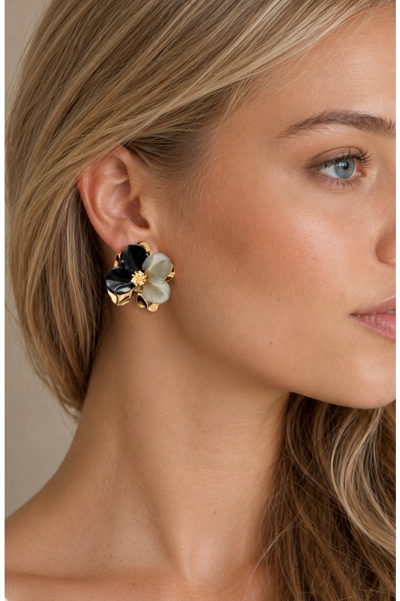 Two Tone Flower Stud Earrings, Alternate, color, GOLD