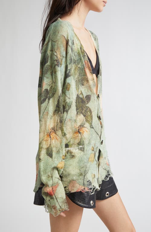 R13 Boyfriend Distressed Floral-print Linen Cardigan In Green