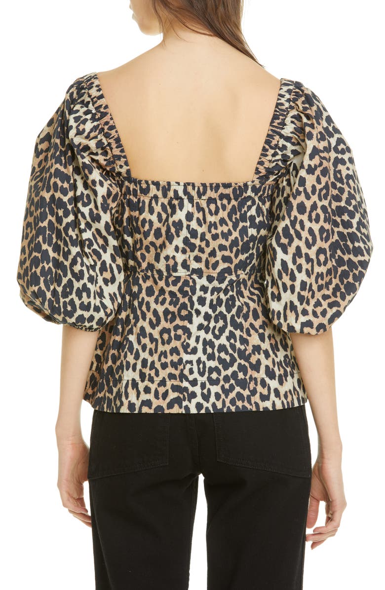 Ganni Leopard Print Puff Sleeve Blouse, Alternate, color, 