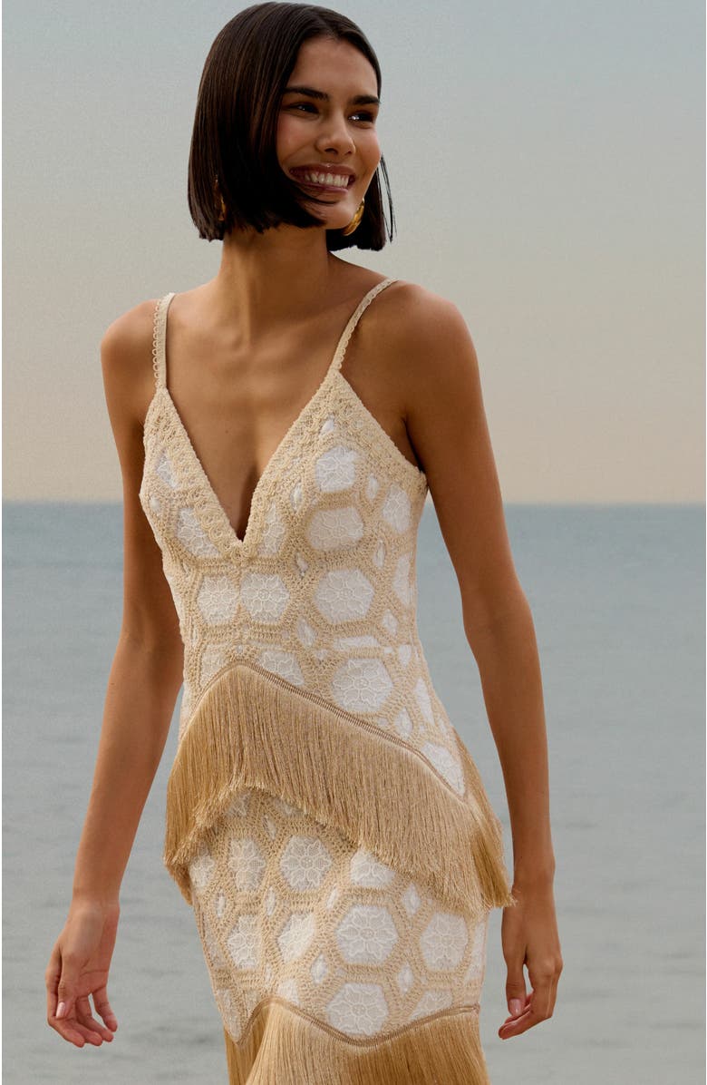 PatBO Natural Crochet Plunge Mini Dress, Alternate, color, 